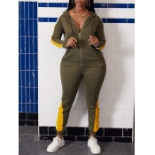 lovely Sportswear Hooded Collar Patchwork Army Gre