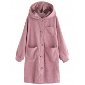 Lovely Casual Hooded Collar Buttons Design Pink Lo