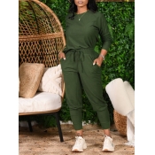 Lovely Leisure O Neck Drawstring Green Two Piece P