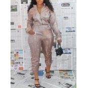 Lovely Trendy Hooded Collar Zipper Design Champagn