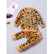 lovely Casual O Neck Leopard Print Girl Two-piece 