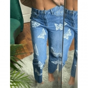 Lovely Casual Butterfly Print Baby Blue Jeans