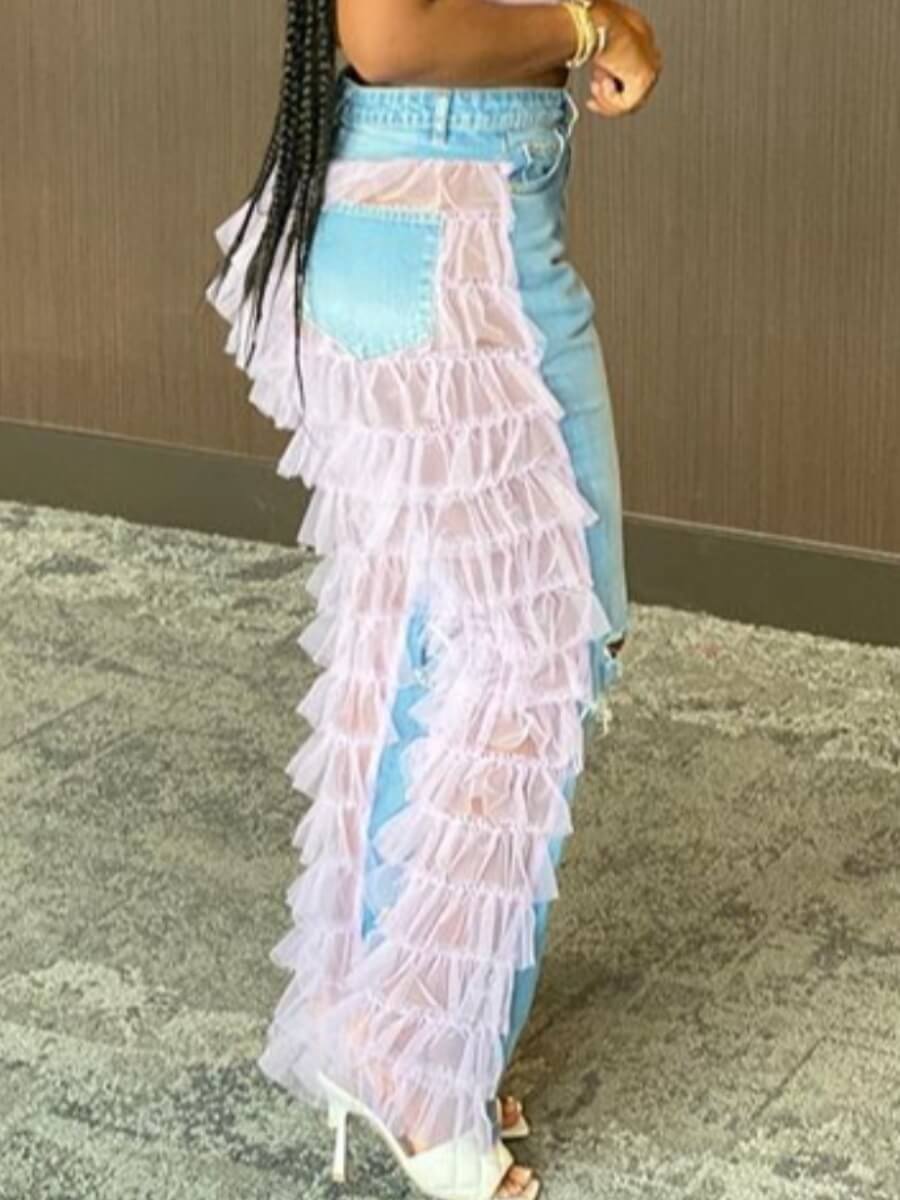 Lovely Stylish Patchwork Layered Cascading Ruffle Pink Jeans