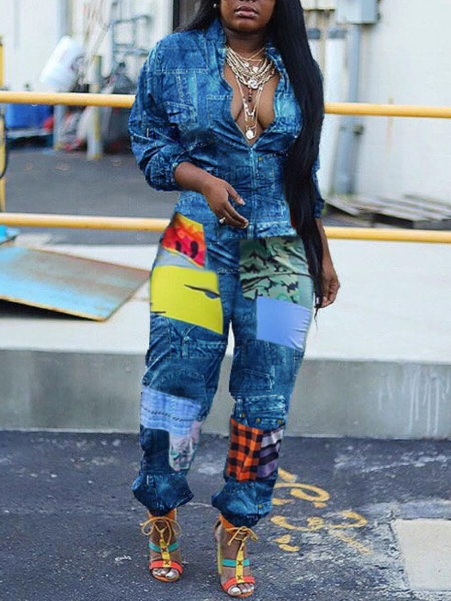 LW Street Turndown Collar Print Blue One-piece Jumpsuit