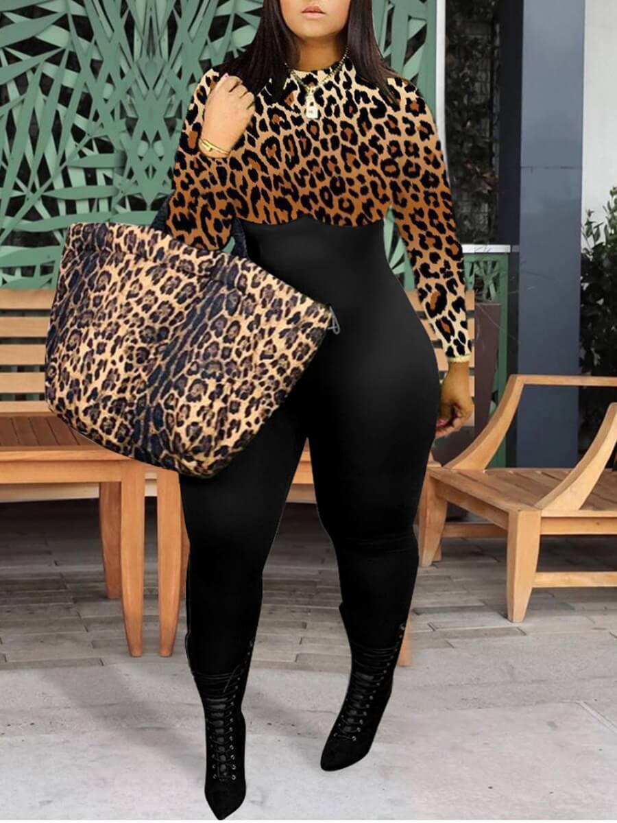 LW Plus Size O Neck Leopard Print Patchwork Jumpsuit