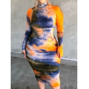 Lovely Stylish Turtleneck Tie-dye Orange Mid Calf 