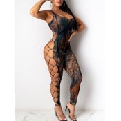 Lovely Sexy U Neck Print Hollow-out Blue One-piece