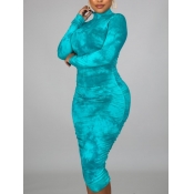 Lovely Stylish Turtleneck Tie-dye Blue Mid Calf Pl