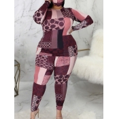 Lovely Stylish O Neck Print Pink Plus Size Two-pie