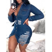 Lovely Street Turndown Collar Broken Holes Deep Bl