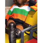 Lovely Sweet V Neck Rainbow Striped Multicolor Swe