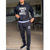 LW Men Trendy Hooded Collar Letter Print Black Two