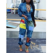 LW Street Turndown Collar Print Blue One-piece Jum