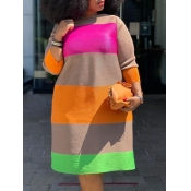 Lovely Trendy O Neck Rainbow Striped Multicolor Kn
