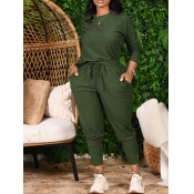 Lovely Casual O Neck Lace-up Green Plus Size Two-p