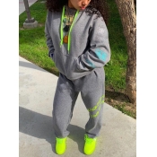 Lovely Leisure Hooded Collar Print Loose Grey Two 