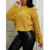 Lovely Stylish O Neck Tassel Design Yellow Sweater
