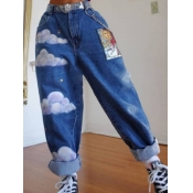 Lovely Chic Print Loose Blue Jeans