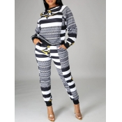 LW Casual O Neck Striped Print Black Two Piece Pan