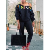 Lovely Casual O Neck Letter Print Black Two Piece 