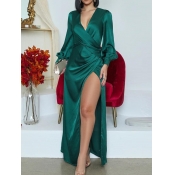 Lovely Stylish Deep V Neck Side High Slit Green Ma