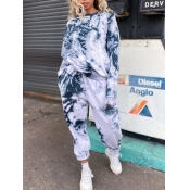 Lovely Leisure O Neck Tie Dye Loose Blue Two Piece