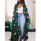 Lovely Casual Turndown Collar Grid Print Green Lon