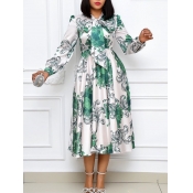 LW Trendy Print Fold Design White Mid Calf Dress