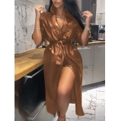 Lovely Stylish Turndown Collar Lace-up Brown Long 