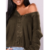 lovely Street V Neck Bandage Design Army Green Swe