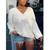 Lovely Casual V Neck Loose White Sweater