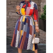 LW Fashion Print Loose Multicolor Mid Calf Dress