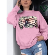 Lovely Casual O Neck Print Pink Hoodie