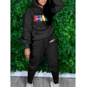 Lovely Sportswear Hooded Collar Letter Print Black