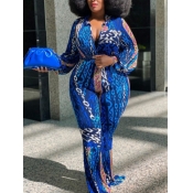 Lovely Stylish Print Blue Plus Size One-piece Jump