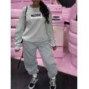 Lovely Leisure O Neck Letter Print Grey Two Piece 
