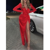 Lovely Trendy V Neck Side High Slit Red Maxi Dress