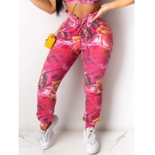 Lovely Casual Print Loose Rose Red Pants