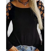 Lovely Stylish O Neck Hollow-out Black Plus Size T