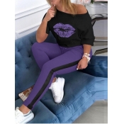 LW Casual Lip Print Patchwork Purple Two Piece Pan