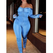 Lovely Sexy Dew Shoulder Fold Design Blue One-piec