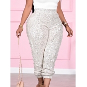 Lovely Casual Sequined White Plus Size Pants