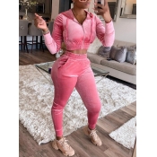 Lovely Sportswear Hooded Collar Zipper Design Pink