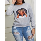 Lovely Leisure O Neck Print Grey Hoodie