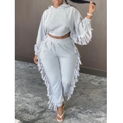 Lovely Casual Hooded Collar Tassel Design Grey Plu