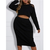 Lovely Casual O Neck Hollow-out Black Plus Size Tw
