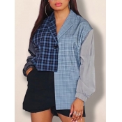 LW Trendy Turndown Collar Grid Print Patchwork Blu