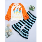 Lovely Casual O Neck Print Patchwork Orange Girl T