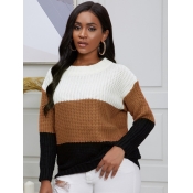 Lovely Casual O Neck Patchwork Brown Sweater