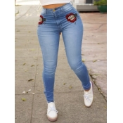 Lovely Casual Lip Print Skinny Blue Jeans